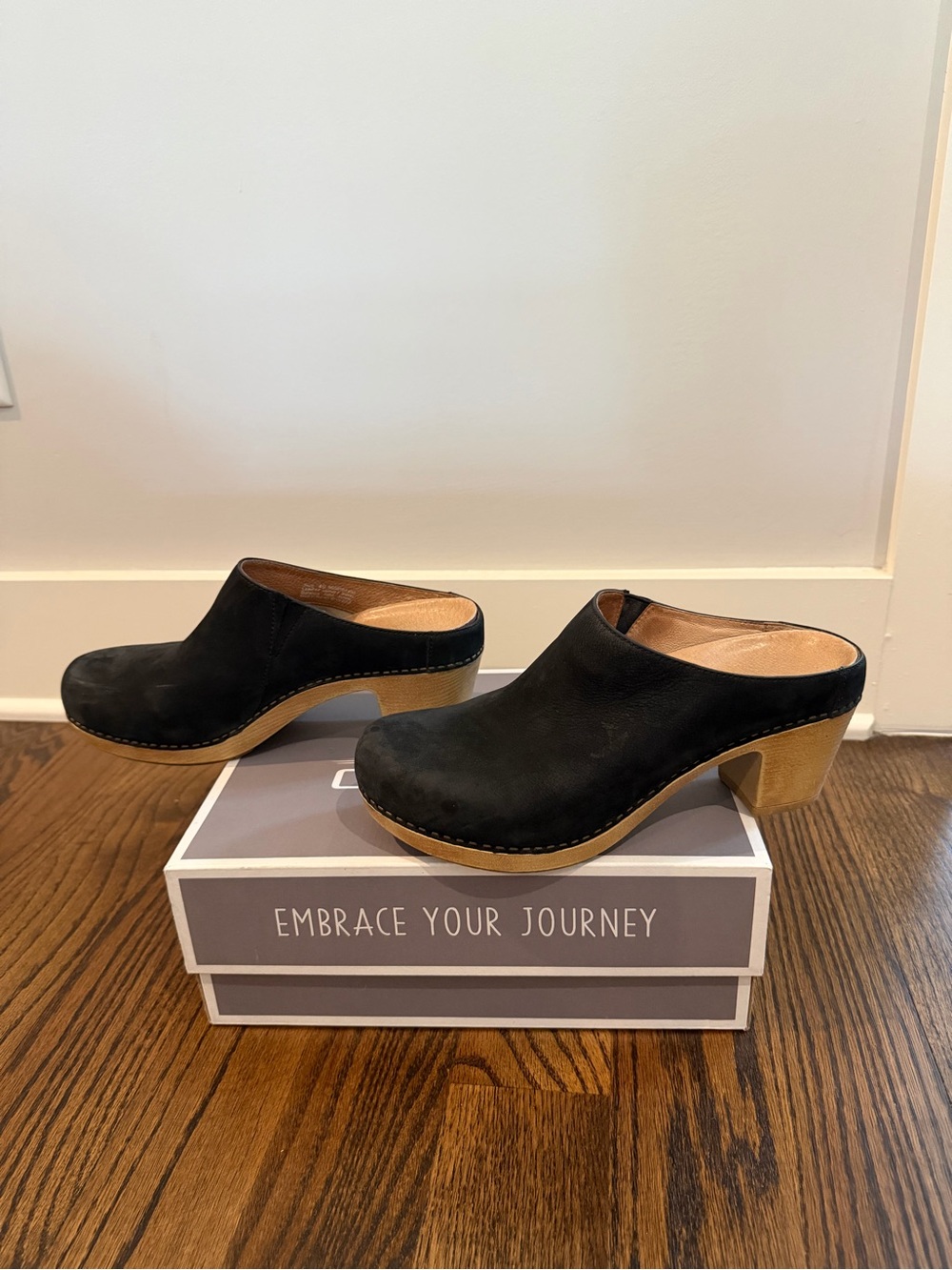 Dansko Black Suede Mule Clogs with Wood-Look Heel